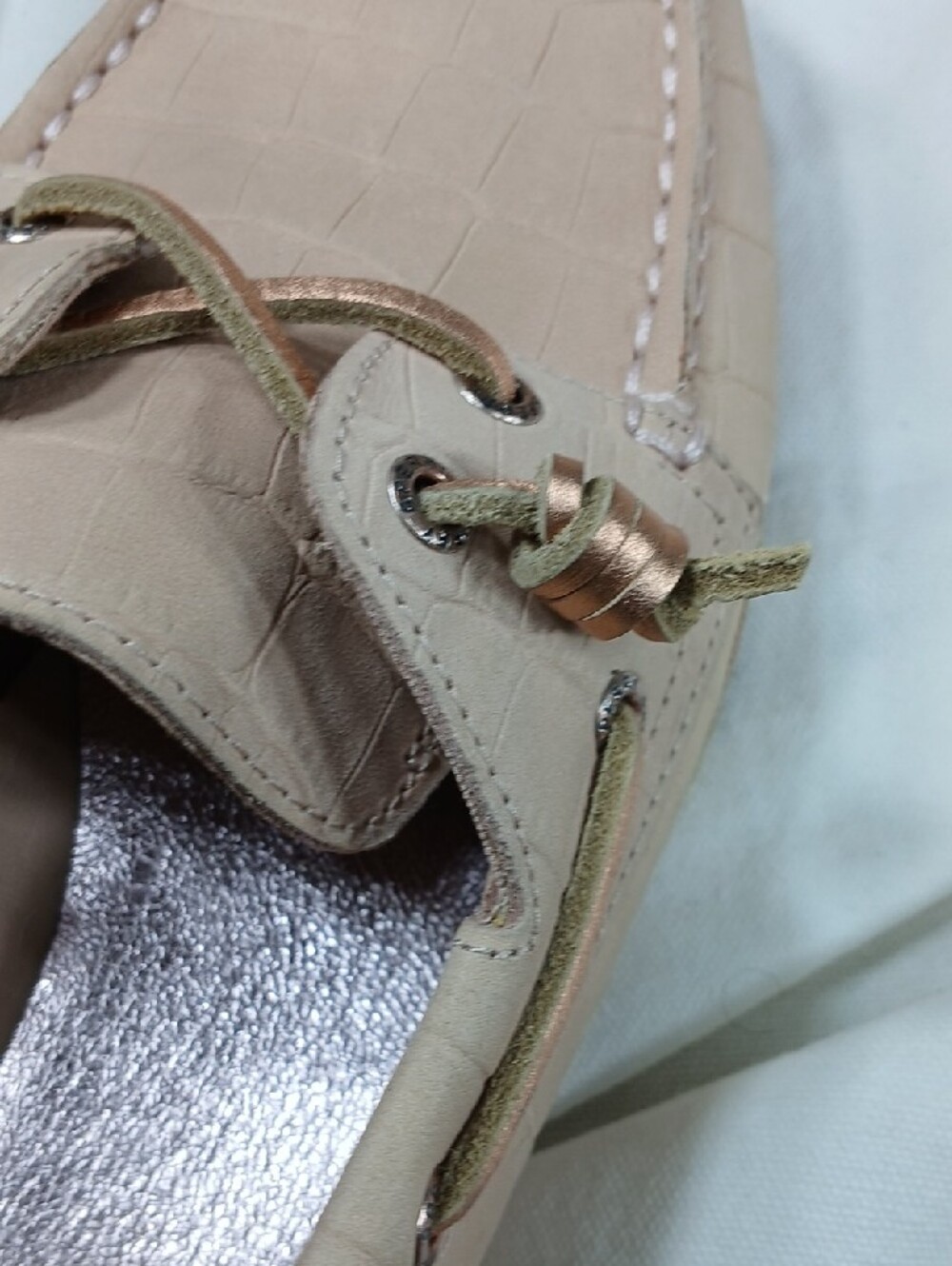 Sperry Women's Croc-Embossed Slip-On Moccasins in dusty pink with Metallic laces - Picture 6 of 16